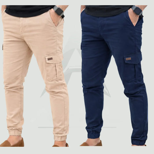 Stretchable Beige+Blue Cargo 6 Pocket Trouser